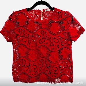 Zara Red Crochet Lace Top Short Sleeve Lined Blouse Size S